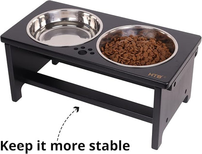 HTB Elevated Dog Bowl Stand with 2 Stainless Steel Bowls-7" H Medium Black | Raised Dog Bowl Stand, 7"tall, 29 Oz Bowls, for Medium Sized Dogs, Pet-safe, Solid Bamboo