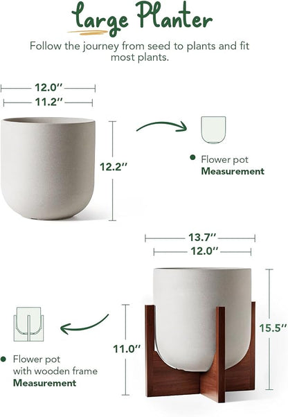 LE TAUCI 12 Inch Plant Pot with Acacia Wood Stand, Ceramic Large Planters for Indoor Plants, Indoor Pots for Plants Office Living Room, Cylinder Planter with Drainage Hole and Plug, Neutral Gray