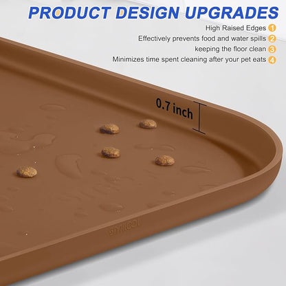 SMILOOL Waterproof Silicone Pet Food Mat with Raised Edge for Dog & Cat | 19" x 12" Non-Slip Pet Feeding Mats with Lip for Food & Water Bowl, Food Grade, Easy Cleaning, Brown