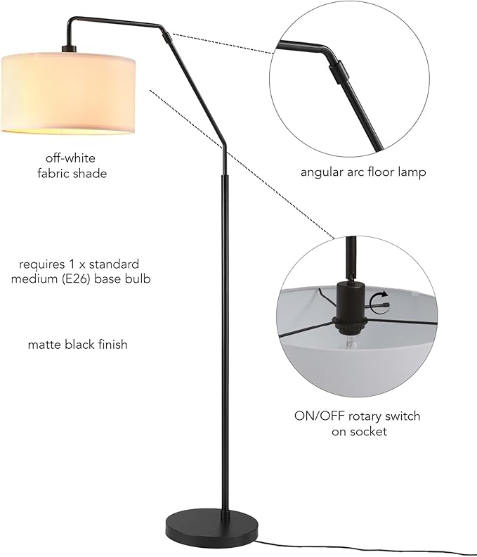 GLOBE Electric 61000172 65" Floor Lamp, Matte Black, White Fabric Shade, On/Off Rotary Switch on Socket, 5-Foot Black Cord, 1-Light, 100W E26/Medium Base Bulb
