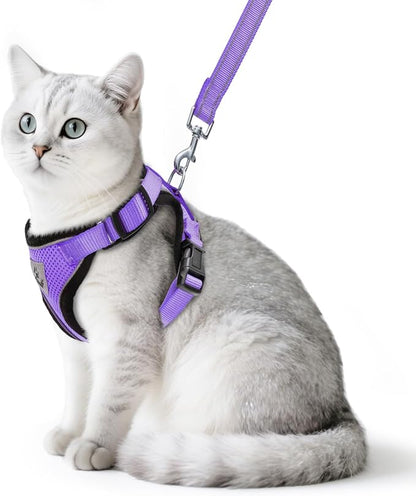 PUPTECK Cat Harness and Leash Set Escape Proof Reflective Cat Walking Harness Adjustable Soft Breathable Mesh Vest for Small Pets, Purple, M