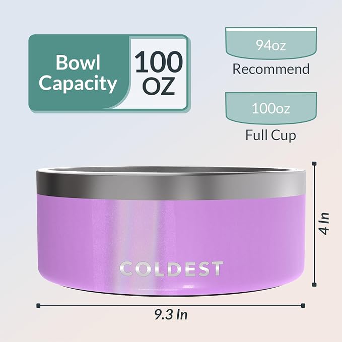 Coldest Dog Bowl - Anti Rust Metal, Non Slip, 3 Layers Insulated Stainless Steel Dog Bowls - Spill Proof & Heavy Duty - Water Bowl for Dogs, Cats, Dish Washer Safe (100 oz, Saturns Purple Glitter)