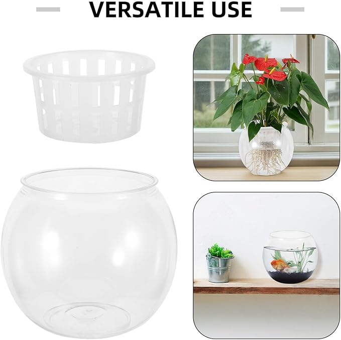 Beaupretty Mini Round Plastic Betta Fish Bowl with Hydroponic Basket, Small Desk Plant Aquarium Terrarium for Home and Office Micro Landscape Fish Tank