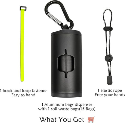 Metal Dog Poop Bag Holder Aluminum Dispenser for Leashes, Hiking & Travel, Lightweight Scratch-Resistant with 3 Attachments and 195 Bags (Black, 1 Holder 15 Bags)