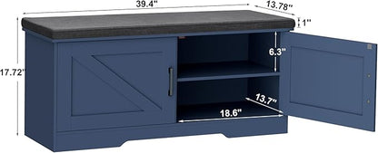 HOMSHO 2-Tier Storage Bench, 39.4" Wide Shoe Bench with Padded Seat Cushion, Entryway Bench with 2 Barn Doors and Adjustable Shelf, Blue