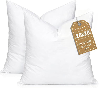 BHZ Throw Pillows 20x20 Euro Pillow Inserts Set of 2, Down Feather Alternative Pillow Inserts, Decorative Soft Large Square White Throw Pillows Insert for Couch Bed Dorm Sofa with Cotton Cover