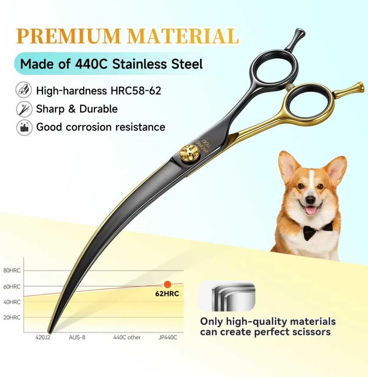 45°Super Curved Dog Grooming Scissors 440C Stainless Steel CNC 7.5'' Big Arc Curved Dog Shears Sharp and Durable for Professional Groomers