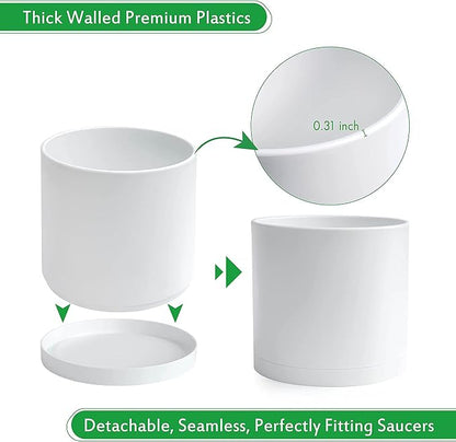D'vine Dev 10 Inch Plastic Planter Pots for Plant Pot with Drainage Hole and Seamless Saucers, White Color, 74-X-A-2