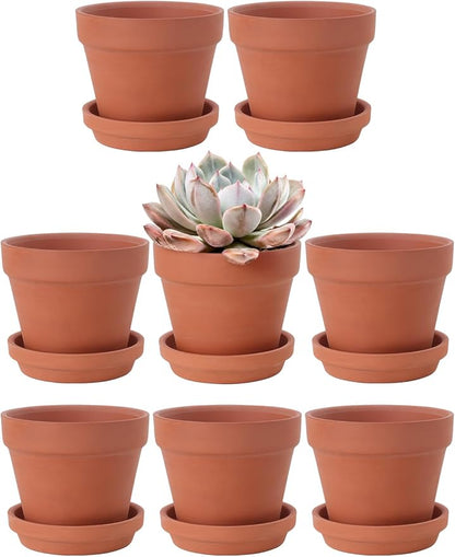 INGOFIN 4 Inch Terracotta Pots with Saucers, 8 Pack Shallow Clay Plant Pots with Drainage Holes for Succulents, Cactus, Herbs, Small Terra Cotta Pots for Indoor Outdoor, Set of 8