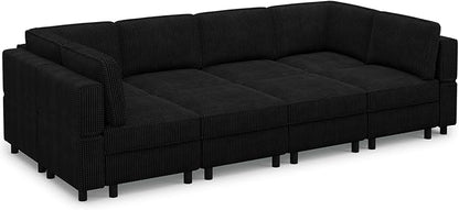 114.2" 8 Seat Modular Sectional Sofa with Deep Storage Seat, Comfy Corduroy Sectional Couch Convertible Modular Sleeper Sofa Couch with Movable Ottoman Chaise, Black