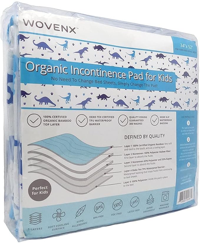 Organic Incontinence Pads for Kids & Toddlers - 5 Layer Waterproof Protectors for Overnight Bed Wetting - Reusable & Washable Pee Pads - Fits Twin to Full Size Beds - 34" x 52" Dinosaur