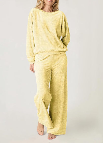 Aamikast Women's 2-Piece Lounge Set Soft Brushed Jersey Sleepwear Pajamas Set Long Sleeve Top & Wide Leg Pants