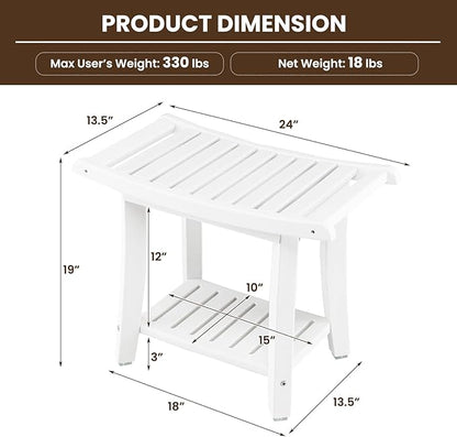 GOFLAME 2-Tier Shower Bench, Spa Bath Shower Stool with Curved Seat, 2 Easy-to-Grip Handles, Storage Shelf & Non-Slip Foot Pads, Waterproof Shower Chair for Bathroom, Living Room, Entryway, White