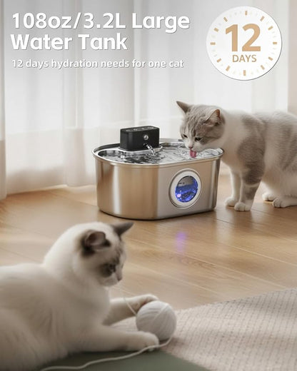Cordless 3.2L/108oz Stainless Steel Cat Water Fountain Pet Fountain | Rechargeable Pet Water Dispenser - Motion Sensor Activation - Multi-Layer Filtration - Ultra-Quiet Pump (4 Filters)