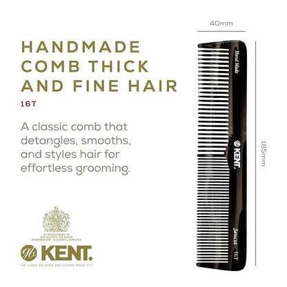 Kent 16T-16TG Fine Tooth and Wide Tooth Comb for Daily Grooming, Handmade Styling Comb for All Hair Types, Styling and Detangling Combs for Men and Women