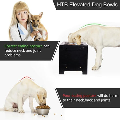 HTB Elevated Dog Bowl Stand with 2 Stainless Steel Bowls-10 H Large Black | Raised Dog Bowl Stand, 10"tall, 48 Oz Bowls, for Large Sized Dogs, Pet-safe, Solid Bamboo
