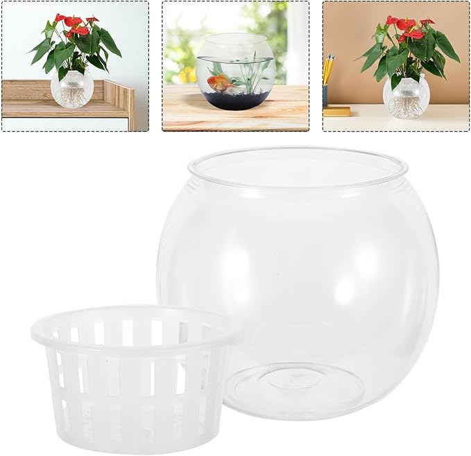 Artibetter Plastic Betta Fish Aquarium Bowl with Hydroponic Basket, Medium 110c Tabletop Fish Bowl for Home Micro Landscape and Aquatic Plant Cultivation