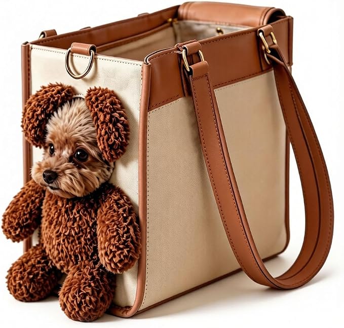 Teddy Bear Dog Carrier Bag, Teddy Carrier Bag for Dogs and Cats, Portable PU Leather Shoulder Tote with Plush Ears, Portable Convenient，White Brown Color Scheme L