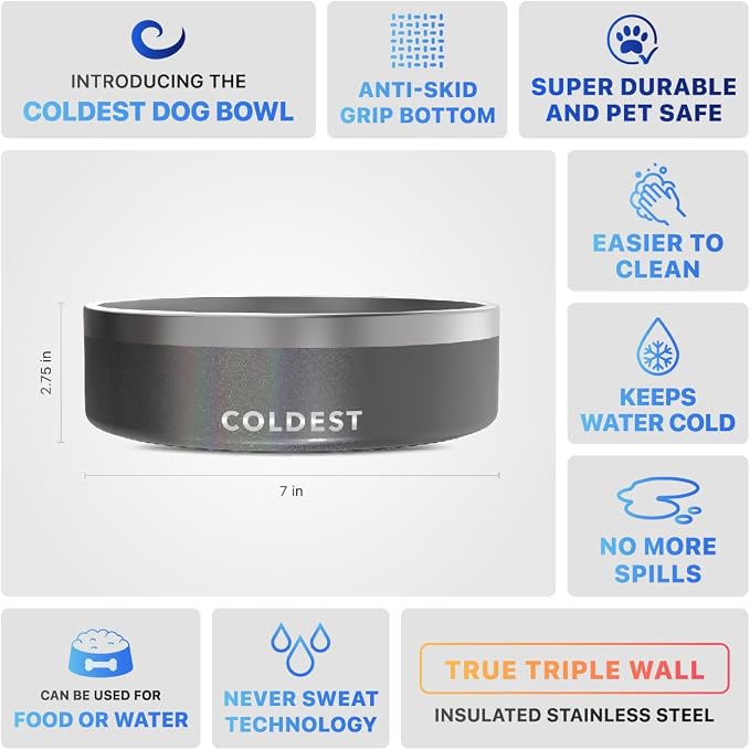 Coldest Dog Bowl - Anti Rust Metal, Non Slip, 3 Layers Insulated Stainless Steel Dog Bowls - Spill Proof & Heavy Duty - Water Bowl for Dogs, Cats & Pets, Dish Washer Safe (42 oz, Stardust Glitter)