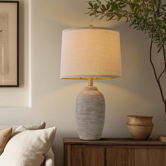 24.5" Handcrafted Ceramic Table Lamp - Single Farmhouse Vintage Rustic Bedside Lighting for Living Room, Bedroom, Entryway | Nightstand & End Table Decor with Linen Shade (Bulb Not Included)