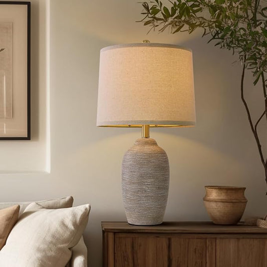 24.5" Handcrafted Ceramic Table Lamp - Single Farmhouse Vintage Rustic Bedside Lighting for Living Room, Bedroom, Entryway | Nightstand & End Table Decor with Linen Shade (Bulb Not Included)