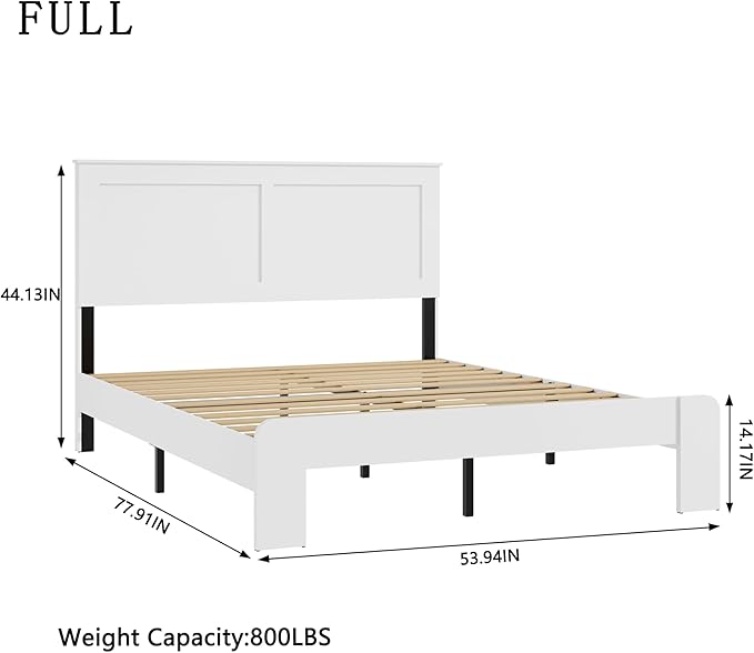 Full Size Bed Frame, Rustic Vintage Platform Bed Frame with Wood Headboard and Footboard, 12 Wood Slats Support, No Box Spring Needed (White, Full)