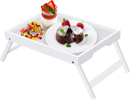 Artmeer Bed Tray Table with Folding Legs,Bamboo Breakfast in Bed for TV Table, Laptop Computer Tray,Eating,Snack Tray (White)