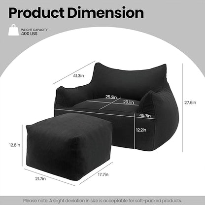 YOURLITE Bean Bag Chair for Adults with Footrest, High-Resilience Foam Filled Bean Bag Sofa with Armrests and Backrest, Comfy Corduroy Floor Sofa for Living Room, Bedroom or Balcony (Dark Grey)