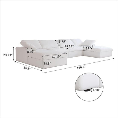 JACH U-Shaped Cloud Couches for Living Room, 6-Seats Modular Convertible Sectional Sofas, Cushion Covers Removable, Comfy Sectional Couch with Chaise Ottomans for Living Room Apartment (White)