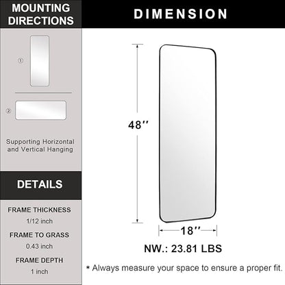 ANDY STAR 18" x 48" Full Length Wall Mirror, Large Black Mirror