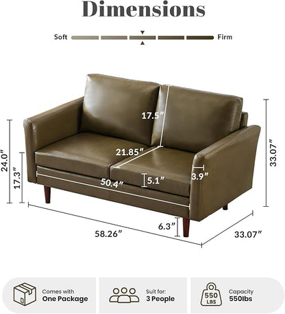 Kingfun Faux Leather 2 Seat Couch for Living Room, Mid Century Modern Sofa with Rolled Arms and Deep Seats, Fluffy Comfort for Apartment, Easy to Assemble, Olive Green