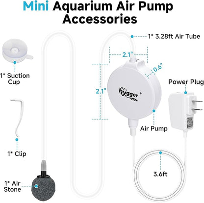 hygger 1.5 Watt Mini Aquarium Air Pump, Quiet Aerator with Air Stone Tubing Suction Cup Clip, Small Fish Tank Bubbler Oxygen Pump for 1 to 15 Gallon Betta Tank, Fish Bowl, Desk Small Tank
