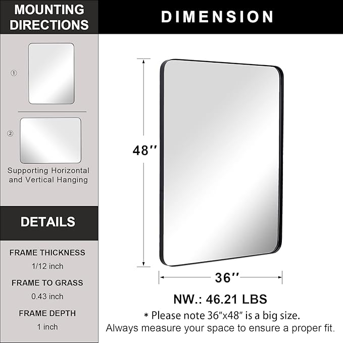 ANDY STAR 36”x48” Black Bathroom Mirror, Wall Mirror