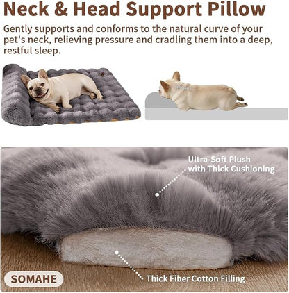 SOMAHE Cat Bed and Small Dog Bed Mat, Raised Pillow, 27 x 20 Inch, Gray | Self-Warming Fuzzy Faux Fur Surface, Soft Plush Pet Sleeping Pad for Indoor Cats, Machine Washable, Non-Slip Bottom