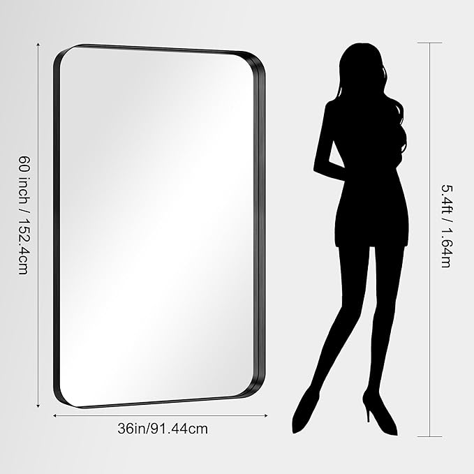 CIRCUMI Black Bathroom Mirror, Rounded Corner, Tempered Glass, Large Mirror