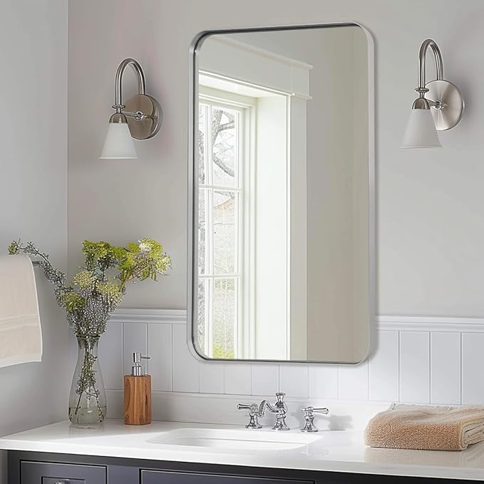 ANDY STAR Brushed Nickel Bathroom Mirror, 24”x40” Rounded Corner Rectangle