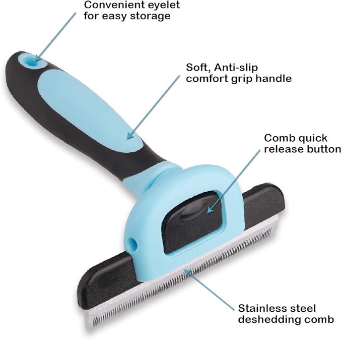 Pets First Professional Pet Brush - Grooming & Deshedding Tool for Cats & Dogs - Reduces Shedding, Dead Hair, Tangles - Detachable Stainless Steel Comb for Easy Cleaning - Soft Anti-Slip Handle,Blue