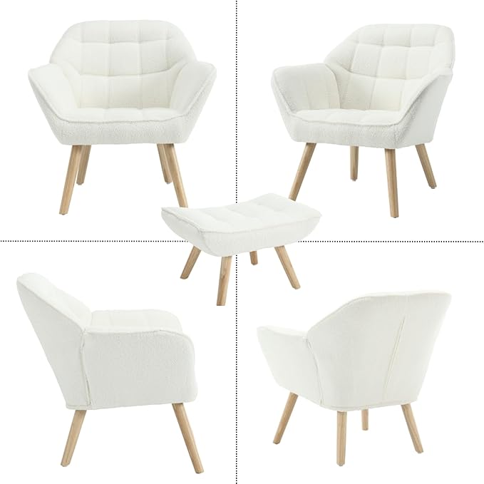 QUINJAY Modern Sherpa Accent Chair with Ottoman Set of 2, Fluffy Upholstered Lounge Chair with Footrest, Comfy Living Room Side Boucle Armchair for Small Space Bedroom, White