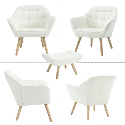 QUINJAY Modern Sherpa Accent Chair with Ottoman Set of 2, Fluffy Upholstered Lounge Chair with Footrest, Comfy Living Room Side Boucle Armchair for Small Space Bedroom, White