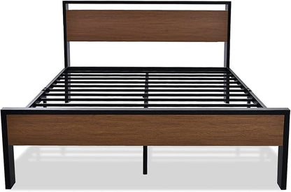 SHA CERLIN 14 Inch Queen Size Metal Platform Bed Frame with Wooden Headboard and Footboard, Mattress Foundation, No Box Spring Needed, Large Under Bed Storage, Non-Slip Without Noise, Walnut