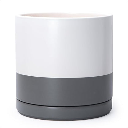 D'vine Dev 12 Inch Ceramic Planter Pot, White/Grey, 94-O-F-6 | Modern Cylinder Design, Drainage Hole & Saucer Included, Stable Structure, Elegant Home Accent
