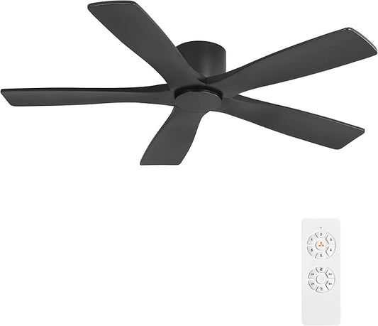 WINGBO 54" Flush Mount DC Ceiling Fans Without Lights, 5 Carved Solid Wood