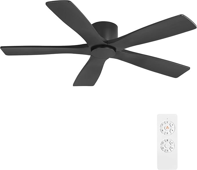WINGBO 48" Flush Mount DC Ceiling Fans Without Lights, 5 Carved Solid Wood