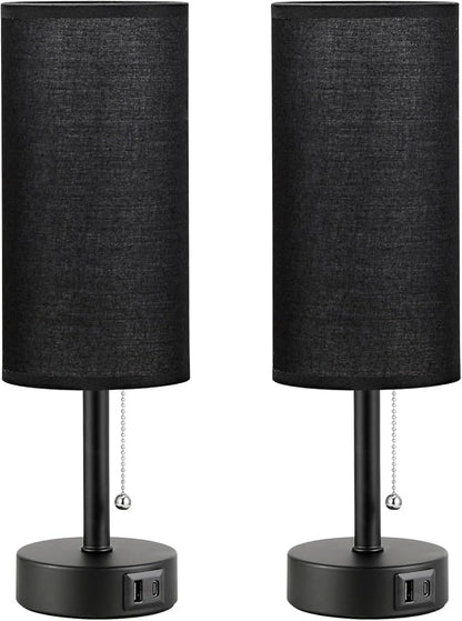 Black Bedside Lamps for Bedroom Set of 2 - Nightstand Table Lamp with USB Charging Port, Pull Chain Night Stand Light, Side Table Desk Reading Lamp for Living Room/Dorm/Bathroom/Kitchen