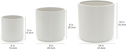 Amazon Basics Fluted Ceramic Planters for Indoor Outdoor Plants, Round Flower Pots with Drainage Hole, Set of 3, 6 inch, 8 inch, 10 inch, White