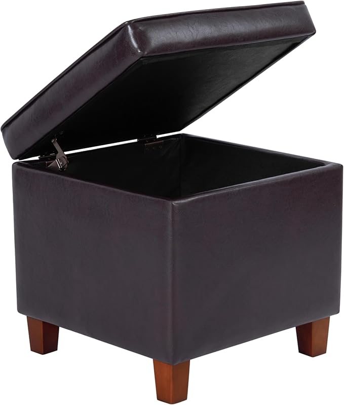 HomePop Leatherette Tufted Square Storage Ottoman with Hinged Lid, Brown Small