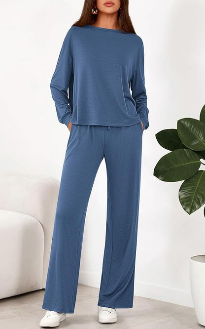 PRETTYGARDEN Womens 2 Pieces Lounge Sets Crewneck Long Sleeve Wide Leg Drawstring Pants Tracksuits Loose Fit Outfits Set