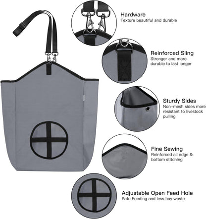 3 Packs Goat Hay Feeder,Hay Bags for Goats,Horses,Sheep,Premium 600D Oxford Cloth,with Metal Fastener and Adjustable Open Feed Hole for Slow Feeding. (1 Black+2Grey)