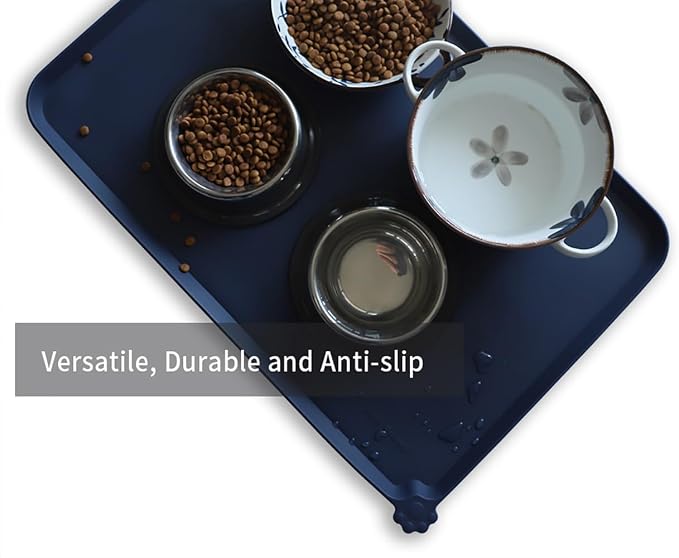 Hoki Found Large Waterproof Silicone Pet Food Mats Tray - Non Slip Pet Bowl Mats Placemat - Dog Pet Cat Feeding Mat - Dog Cat Food Mats -Pet Water Mats for Floors - French Navy