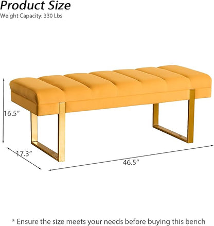 AIITTCC Velvet Ottoman Bedroom Bench, 46.5" Tufted Padded End of Bed Bench with Gold Legs, Upholstered Shoe Bench for Living Room Entryway Window (Mustard Yellow, 46" Wide)